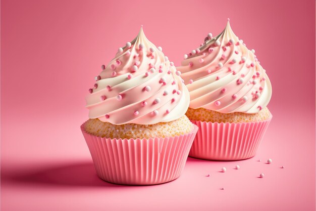 Delicious cupcakes on pink background Space for text Generative AI