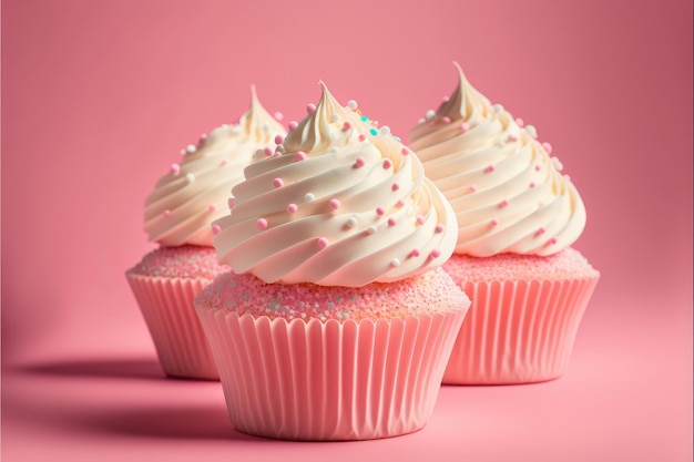 Delicious cupcakes on pink background Space for text Generative AI