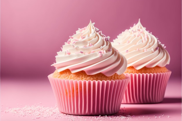 Delicious cupcakes on pink background Space for text Generative AI