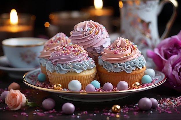 Delicious cupcakes on a plate festive backgrounds