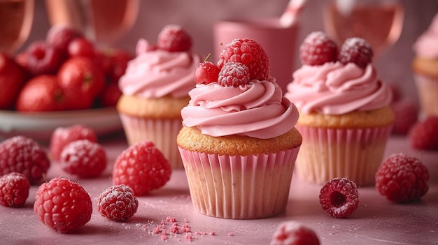 Delicious cupcakes with blueberries raspberries on bpink background