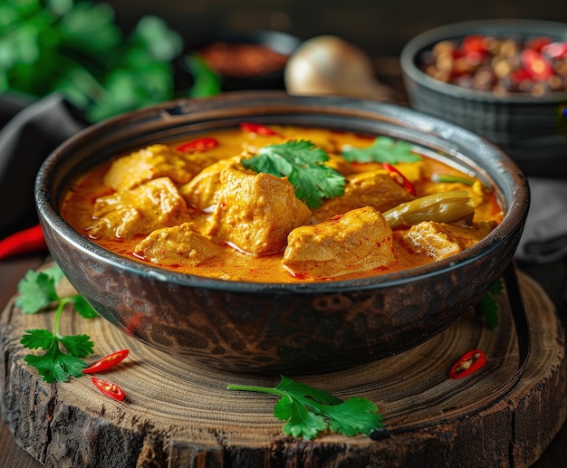 Photo delicious curry dish with chicken and spices served in a rustic bowl