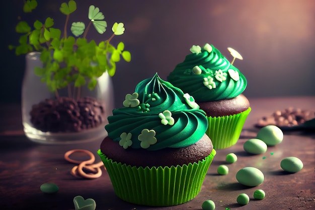 Delicious decorated cupcakes on light table St Patrick39s Day celebration realistic Generative Ai