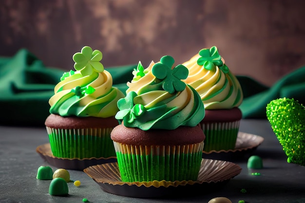 Delicious decorated cupcakes on light table St Patrick39s Day celebration realistic Generative Ai