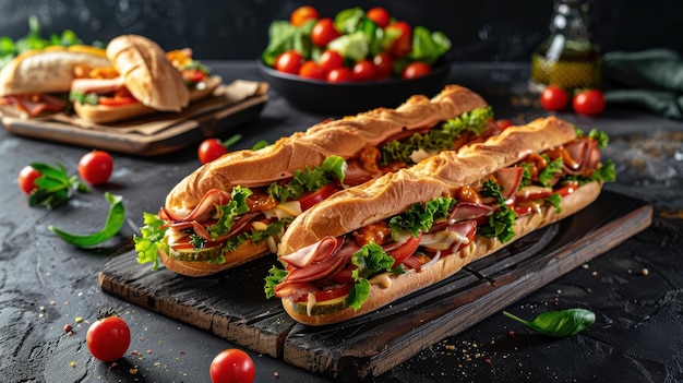 Photo delicious deli subwaystyle sandwiches on a stylish background