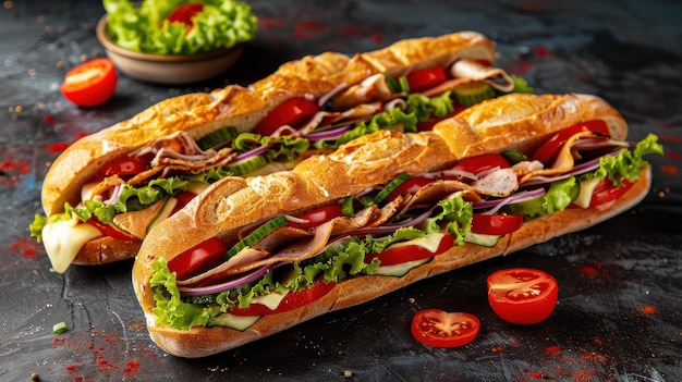 Photo delicious deli subwaystyle sandwiches on a stylish background