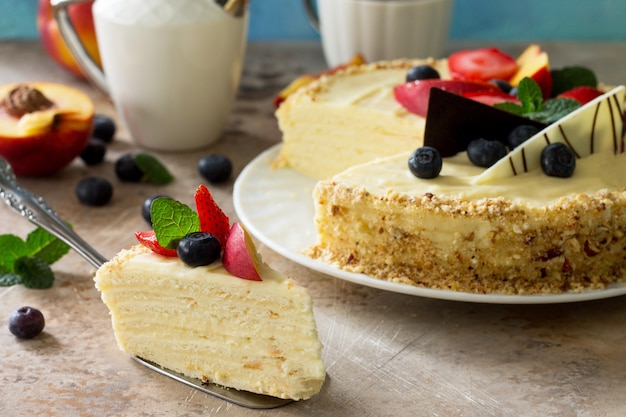 Delicious dessert cake with fresh berries and whipped cream sweet delicious holiday cake