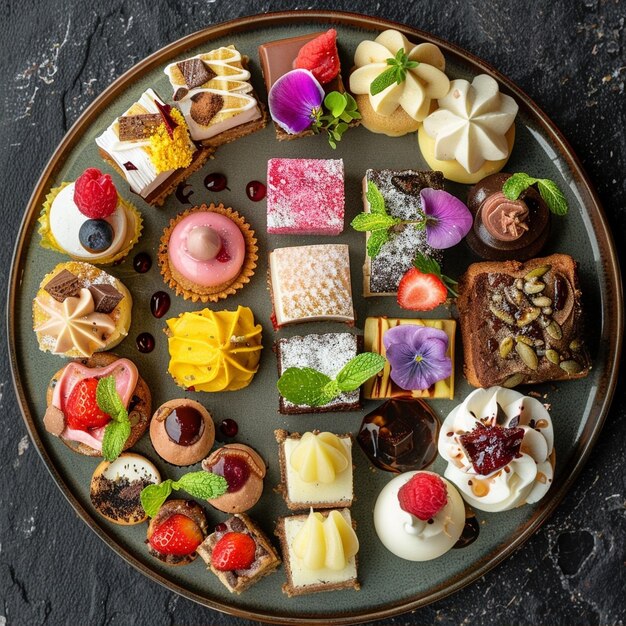 Delicious desserts and finger foods on a stylish plate