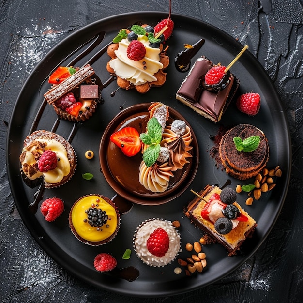 Delicious desserts and finger foods on a stylish plate