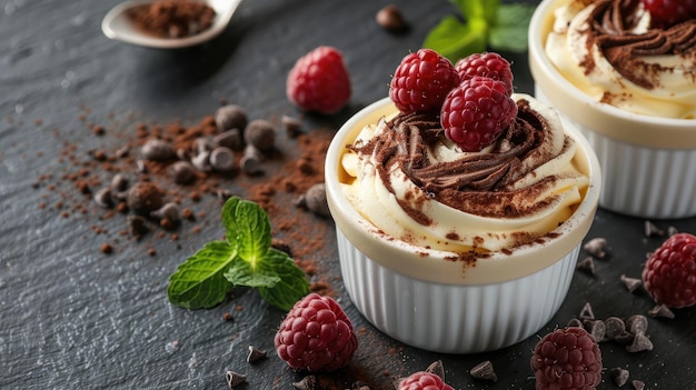 Photo delicious desserts topped with raspberries and chocolate garnished mint