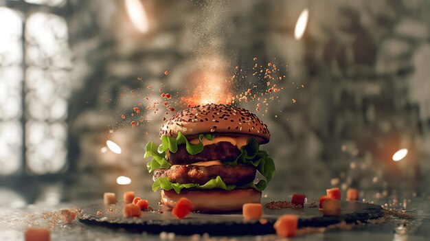 Photo the delicious details of a closeup hamburger on fire with appetizing food wallpaper