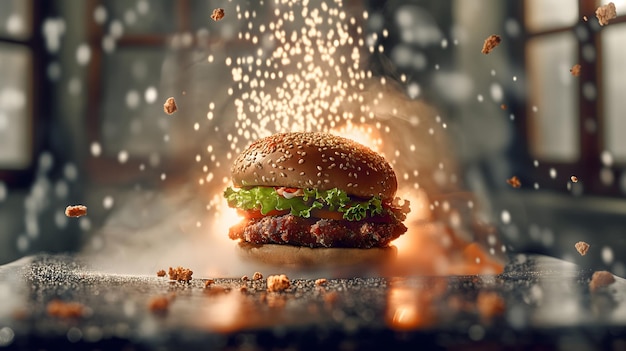 Photo the delicious details of a closeup hamburger on fire with appetizing food wallpaper