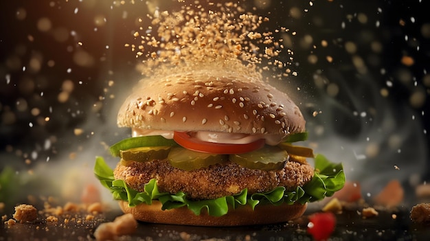 The delicious details of a closeup hamburger on fire with appetizing food wallpaper