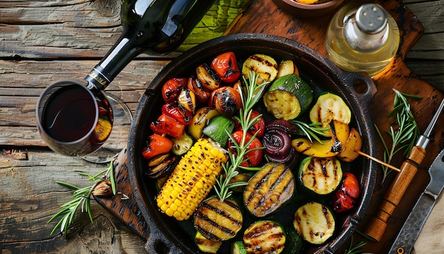 Photo delicious dinner with grilled vegetables and wine