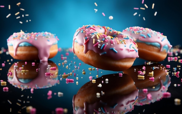 Delicious Donut Falling on Blue Background Generative AI