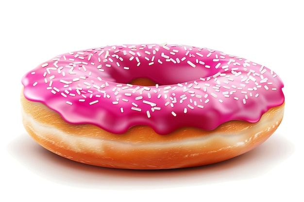 Delicious donut with pink icing and white chocolate isolated on white