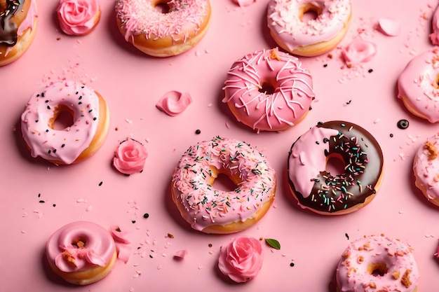 Delicious donuts on baby pink background