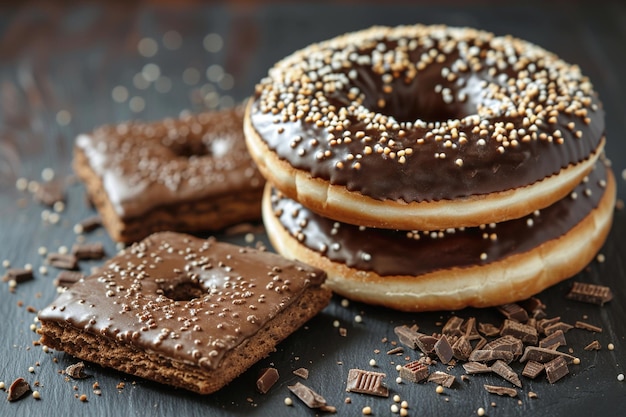 Delicious donuts and chocolate biscuits