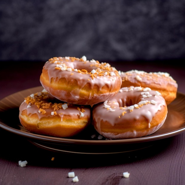 Delicious donuts on a white plate on a table on a dark background