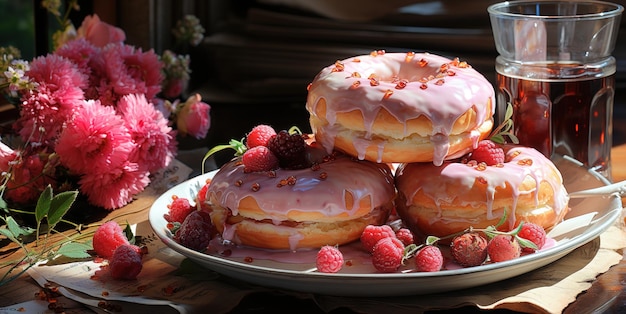 Delicious donuts with caramel berries Generative AI