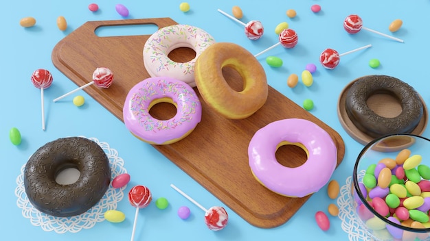 Delicious donuts with chocolate brown and strawberry Served on the wooden board and white napkin Decorated with multicolored candy and cup of coffee Blue background Horizontal image Top view