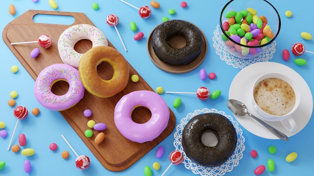 Delicious donuts with chocolate brown and strawberry Served on the wooden board and white napkin Decorated with multicolored candy and cup of coffee Blue background Horizontal image Top view