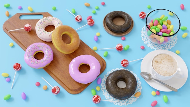 Delicious donuts with chocolate brown and strawberry Served on the wooden board and white napkin Decorated with multicolored candy and cup of coffee Blue background Horizontal image Top view