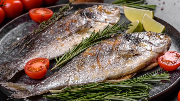 Delicious dorado baked on a grill with spices and herbs. Dorado cooked on about