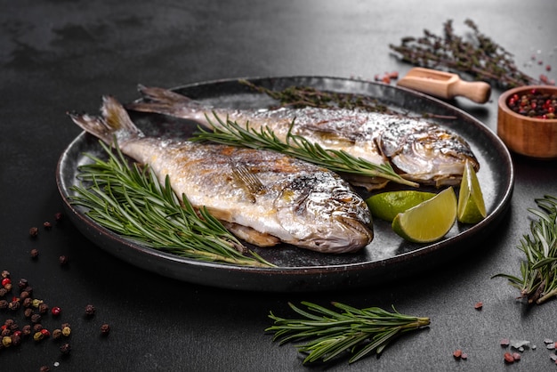 Delicious dorado baked on a grill with spices and herbs