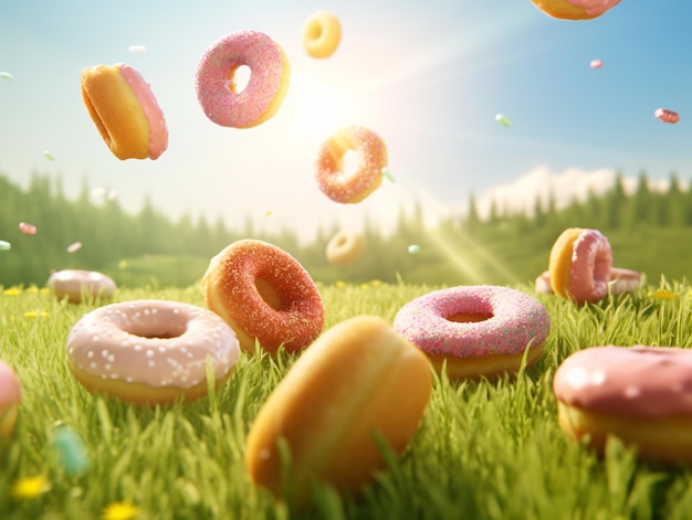 Delicious doughnuts scattered on meadow and wildflowers Serene forest background