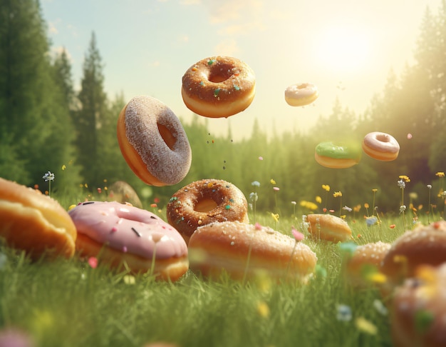 Delicious doughnuts scattered on a meadow with wildflowers in the forest