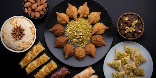 Delicious Dried Fruits, Nuts, Dates, and Baklava on Black Background