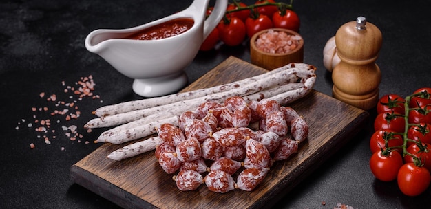 Delicious dry sausage with walnuts on a concrete table Dry cured fuet sausage on a dark background