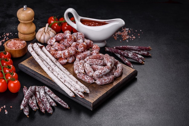 Delicious dry sausage with walnuts on a concrete table Dry cured fuet sausage on a dark background