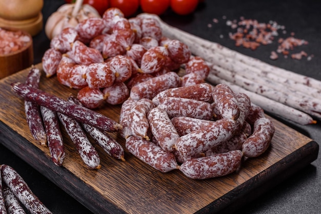 Delicious dry sausage with walnuts on a concrete table Dry cured fuet sausage on a dark background