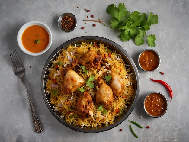 Photo delicious dum handi chicken biryani or mandi or kabse dish