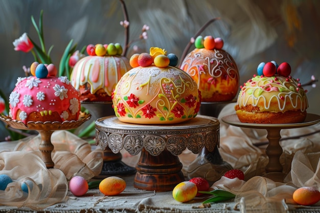 Delicious Easter cakes adorned with colorful decorations symbolizing joy and renewal