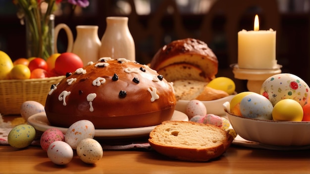 Photo a delicious easter feast with a sweet bread colorful eggs and a lit candle the warm colors and textures create a festive and inviting atmosphere