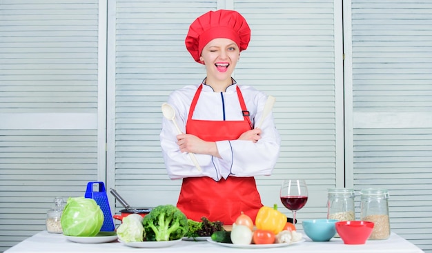 Delicious and easy recipes Best culinary recipes to try at home Lady adorable chef teach culinary arts Professional culinary tips Culinary show concept Woman pretty chef wear hat and apron