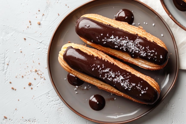 Photo delicious eclairs with chocolate icing on white plate