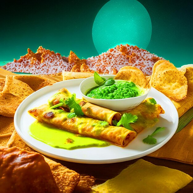 delicious enchiladas in green sauce grated cheese lettuce chicken strips on a white plate backg