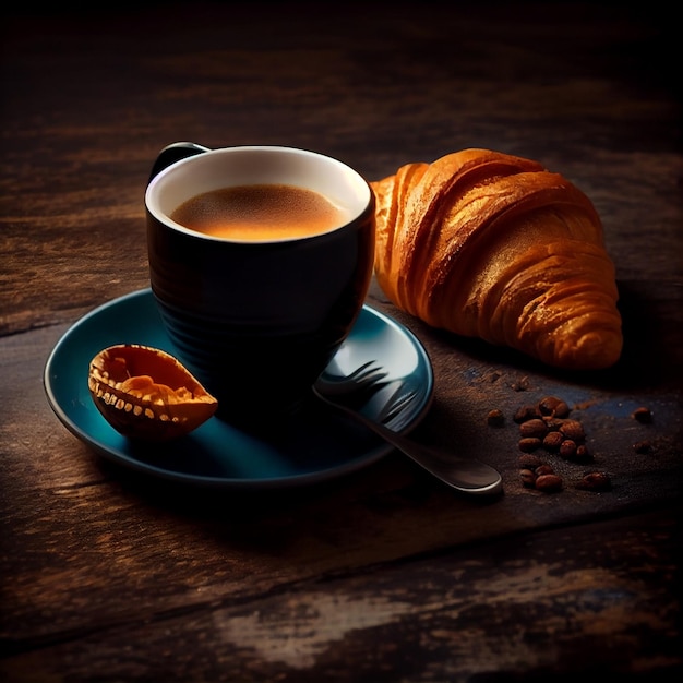 Delicious espresso coffee white cup and croissantgenerative ai