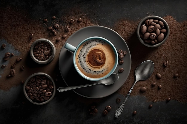 Delicious espresso delivered in a cup with a spoon and coffee beans all around view from the top a gloomy background Banner