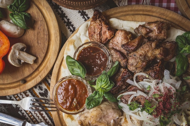 Delicious European and Slavic cuisine on the big table waiting for guests table with food top view