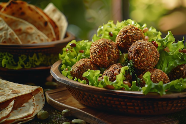 Photo delicious falafel balls on a bed of lettuce leaves