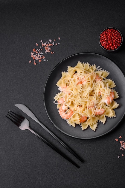 Delicious farfalle pasta with langoustine shrimp with creamy sauce