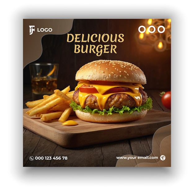 Delicious fast food and burger social media design template AI generated