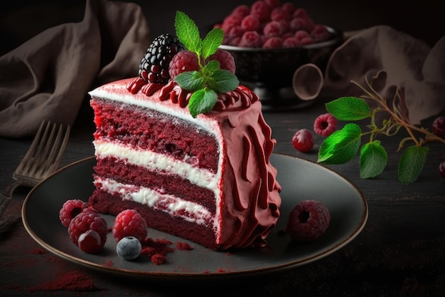 Delicious festive dessert with cream and berries in form of red velvet cake created with generative