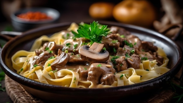 Delicious and filling beef stroganoff with mushrooms and egg noodles Generative AI