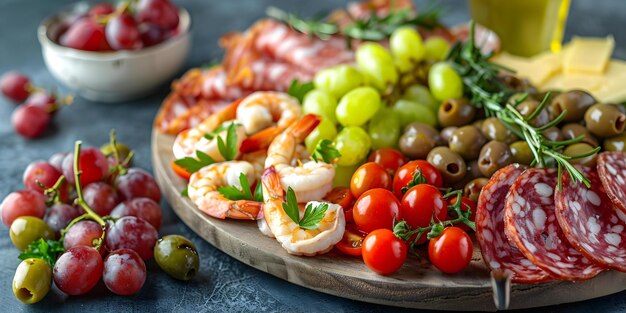 Photo delicious finger food platter featuring cheese shrimp olives salami cucumber grapes and tomatoes concept food photography party snacks appetizer platter cheese platter ideas